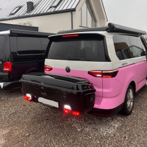 Tylny BOX na hak holowniczy, Boks Transportowy na narty, Schowek Bagażowy, MFT BackBox, Inny niż box dachowy VW Nowy Multivan T7, Nowa California T7, Multivan Family